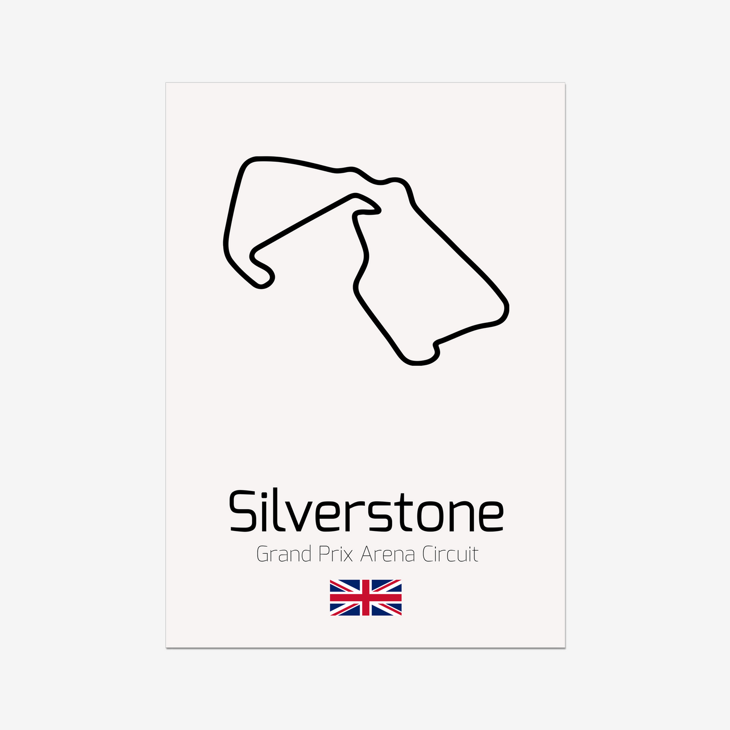Unframed Silverstone circuit art with a pale pink background