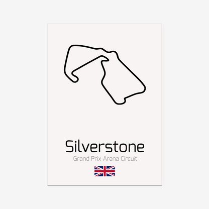 Unframed Silverstone circuit art with a pale pink background