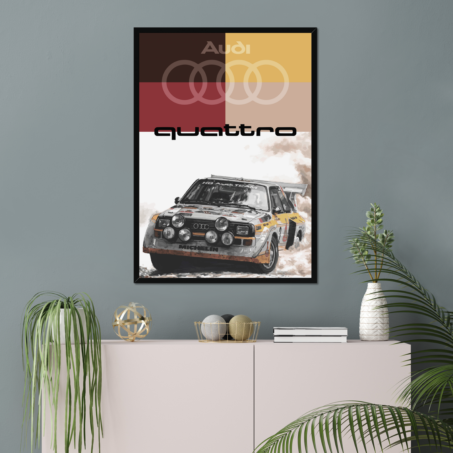 Audi Quattro rally legend all-wheel drive motorsports premium framed art print.