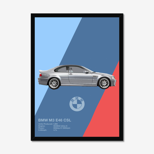 BMW E46 M3 CSL. Premium Framed wall art for automotive and motorsports enthusiasts.